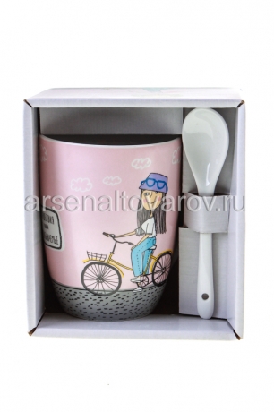 кружка чайная керамическая 340 мл (BRJD065-892) с ложкой Бочка Умницы-красавицы (КНР)