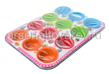 форма для выпечки стальная с антипригарным покрытием 350*270 мм на 12 кексов + 12 силиконовых форм (Р-324) (КНР)